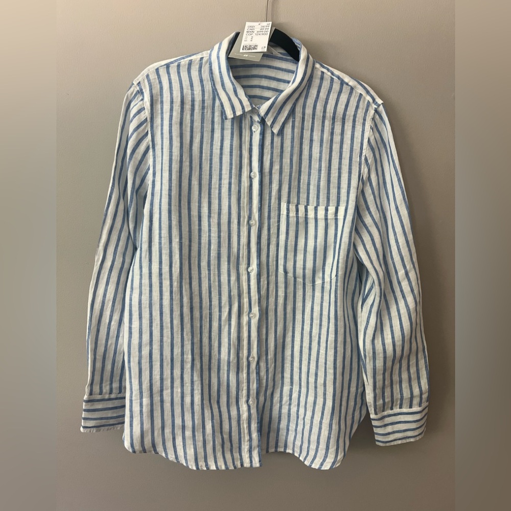 H&M Linen White and Blue Striped Casual Shirt medium